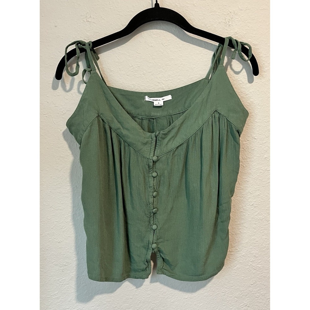 O'Neil Women's Tank Top Size Small Green Button Front Tie Straps Beachy Boho